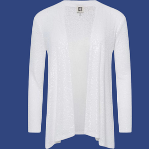 Anne Klein Bright White Sequin Hi-Lo Cardigan, 3/4 Ruched Neck.
